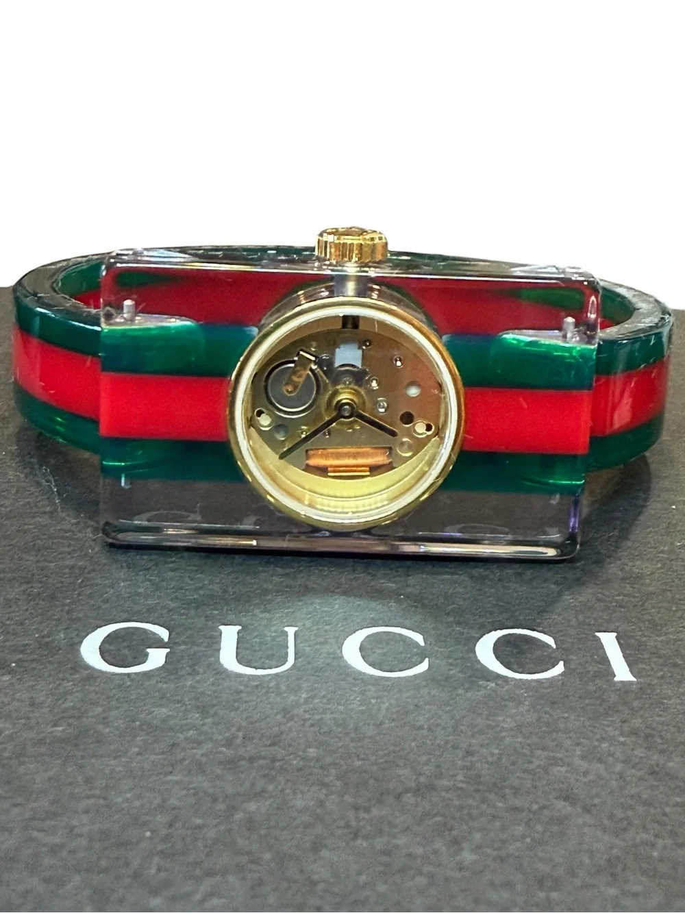 Gucci Skeleton Clear Rectangular Watch with Red and Green Stripe Strap - Picture 2 of 11